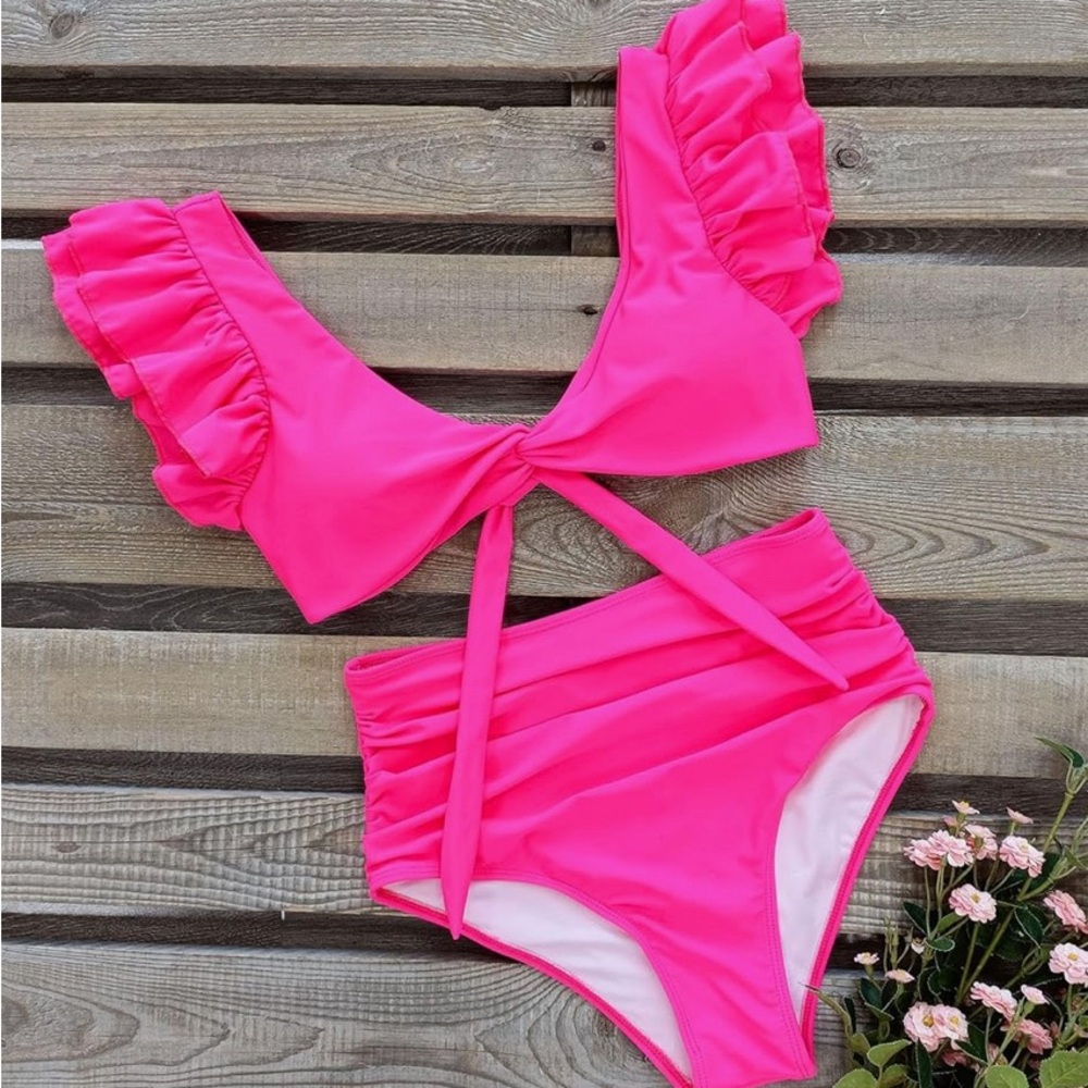 Sporlike Women’s Pink Ruffle Shoulder Tie Back Two Piece Bikini Swimsuit - XL - Picture 6 of 15